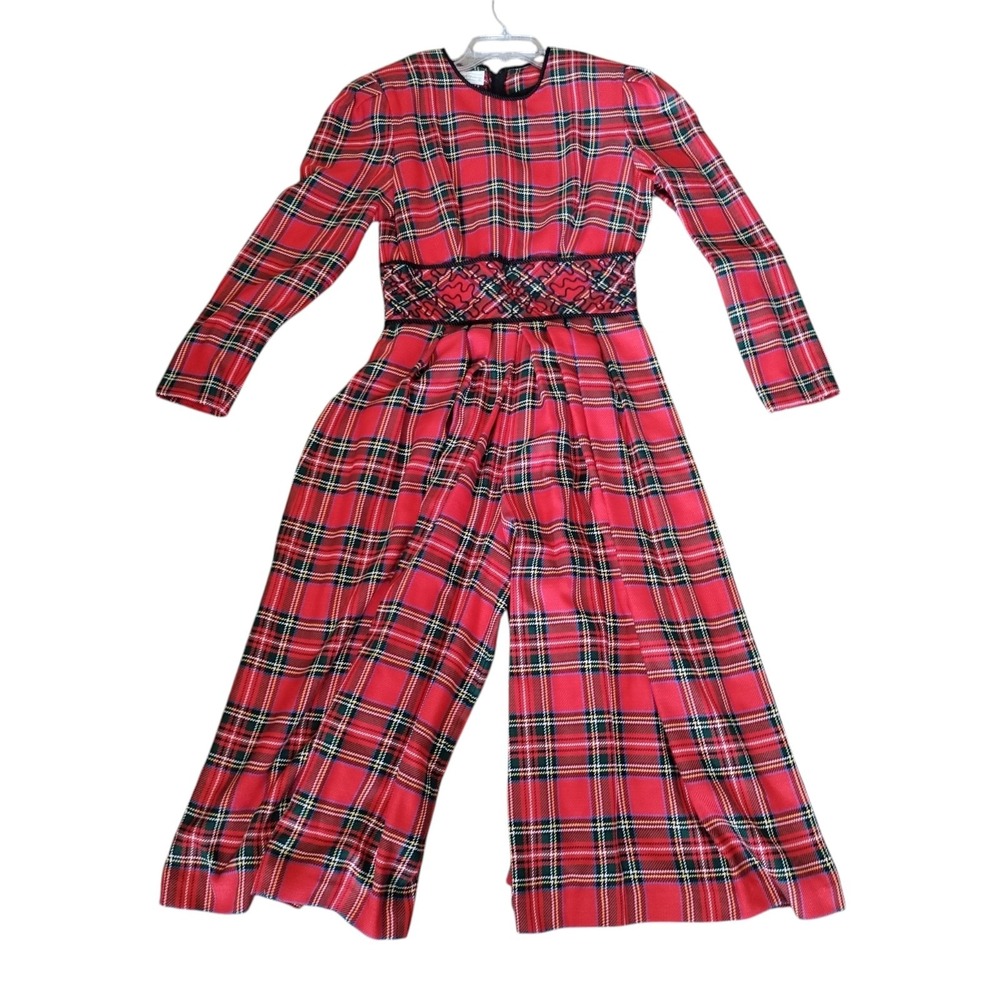 Vintage Maggy Boutique Plaid Jumpsuit Size 12 Wide Leg Smocked Waist Red Tartan